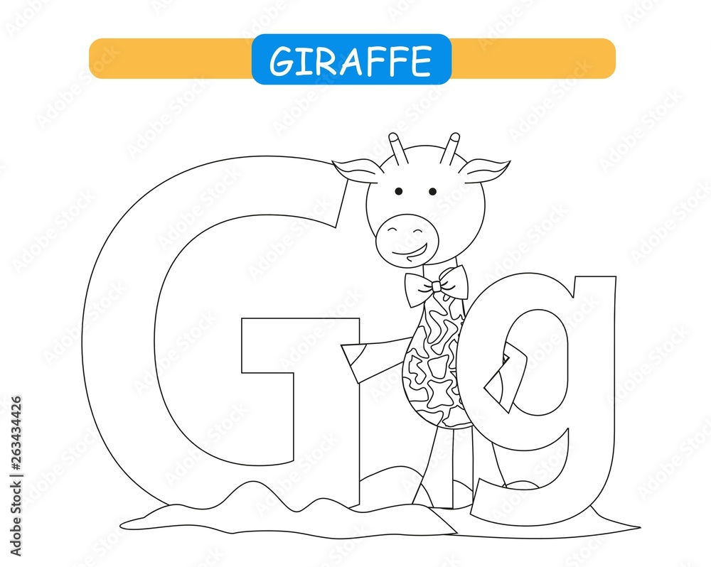 Letter G and funny cartoon giraffe. Coloring page. Animals alphabet a-z.  Cute zoo alphabet in vector for kids learning English vocabulary. Printable  sheet. Stock Vector | Adobe Stock