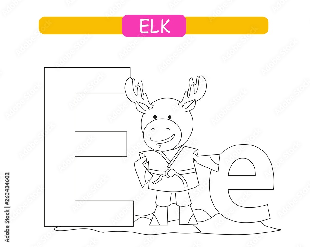 Letter E and funny cartoon elk. Coloring page. Animals alphabet a-z. Cute  zoo alphabet in vector for kids learning English vocabulary. Stock Vector |  Adobe Stock