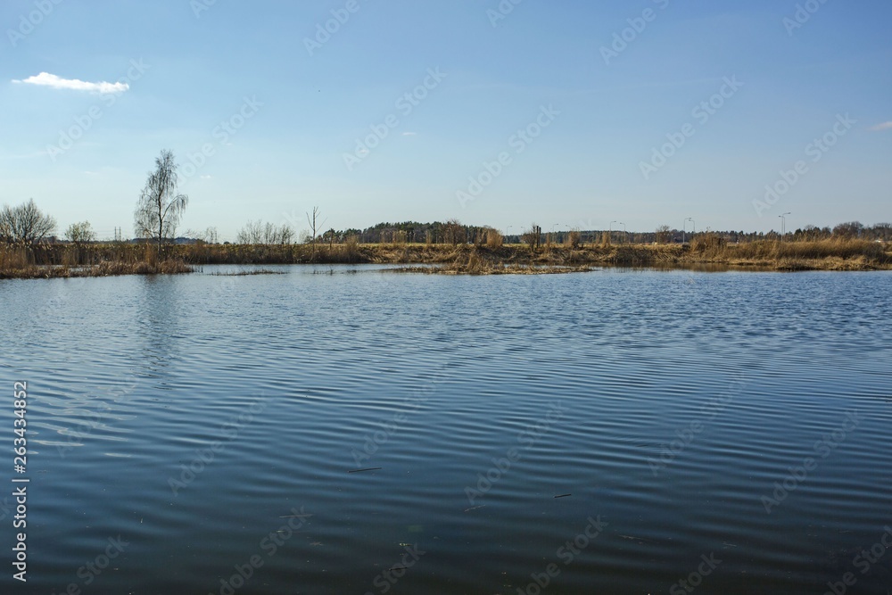 Gorgeous nature landscape on a spring day. Mirror water surface and blue sky with white clouds. Amazing nature landscape background. Gorgeous nature landscape on a spring day. Mirror water surface and blue sky with white clouds. Amazing nature landscape background.