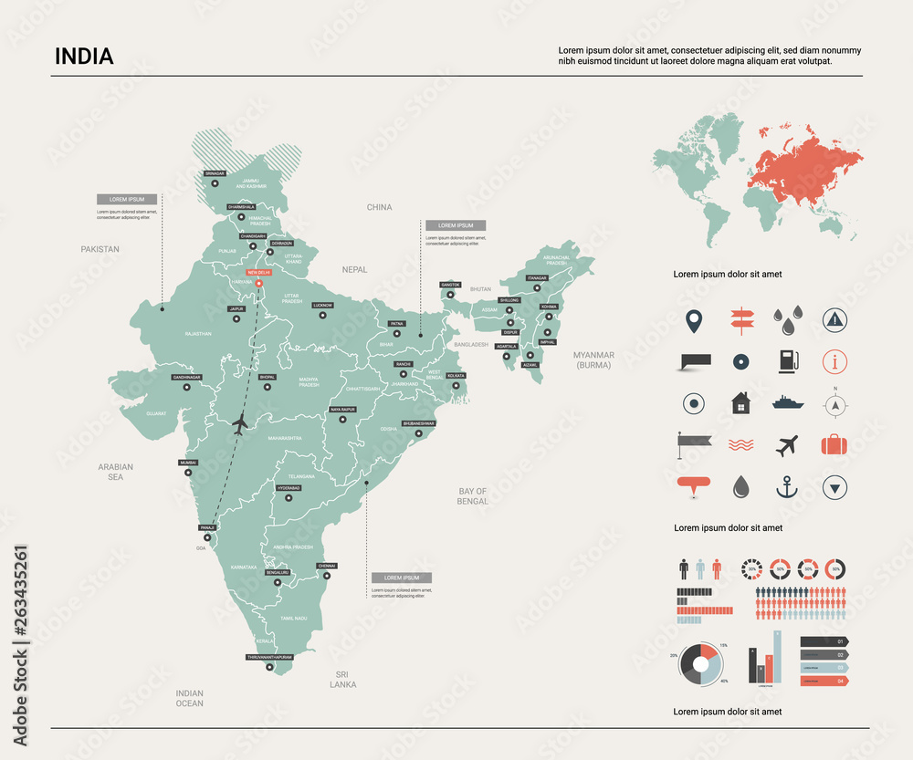 Vector map of India.  High detailed country map with division, cities and capital New Delhi. Political map,  world map, infographic elements.