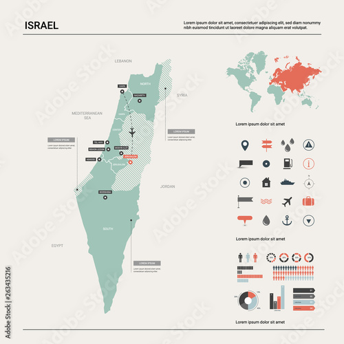 Vector map of Israel.  High detailed country map with division, cities and capital Jerusalem. Political map,  world map, infographic elements.