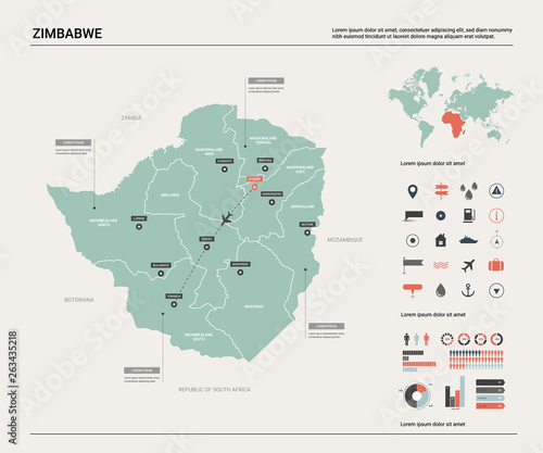 Vector map of Zimbabwe. High detailed country map with division, cities and capital Harare. Political map, world map, infographic elements.