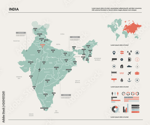 Vector map of India. High detailed country map with division, cities and capital New Delhi. Political map, world map, infographic elements.