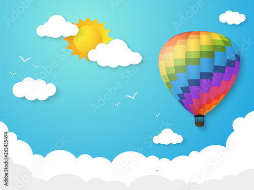 Fototapeta Naklejka Na Ścianę i Meble -  Colorful balloon Floating in the sky with the morning sun. vector Illustration.