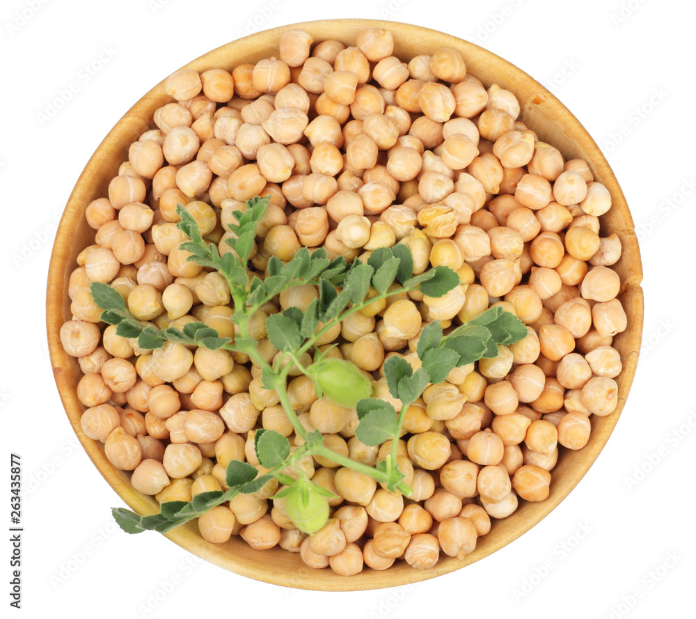 chickpeas in a wooden bowl isolated, top view chickpeas in a wooden bowl isolated, top view
