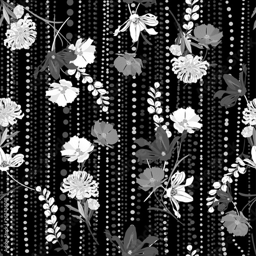Monotone black and white modern Hand drawing florals seamless pattern vector on and polkadots line garden mood