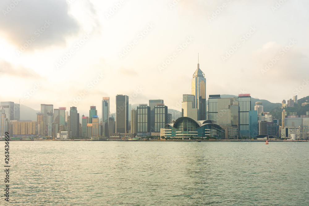 Panorama Landmark skyscraper buildings at Victoria harbor in Hong Kong City