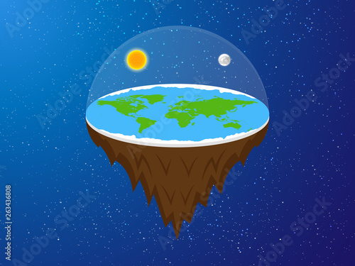 Flat earth in space. Ancient cosmology model conspiracy theory. Stylized vector illustration