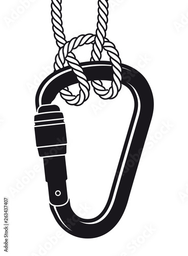 Vector climbing screw gate carabiner with rope. Isolated on white background.