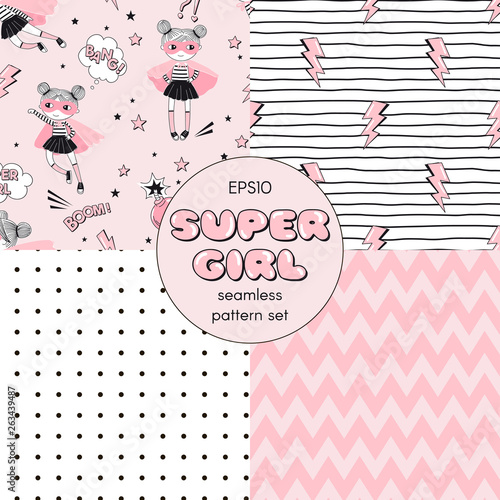 Supergirl themed seamless vector pattern set. Conversational print with little cute girl hero characters. Abstract dotty and zigzag geometric backdrop. Cartoon comic thunder lights on doodle stripy