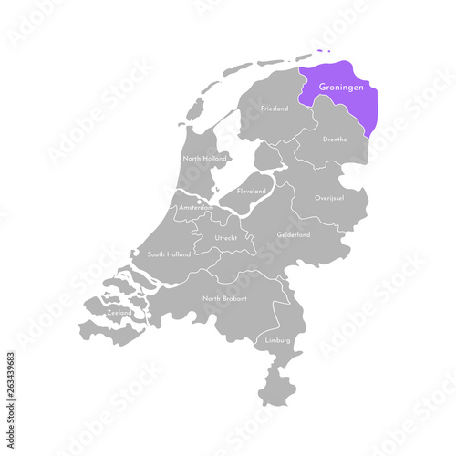 Vector isolated simplified illustration icon with grey silhouette of Netherlands' (Holland) provinces. Selected administrative division - Groningen