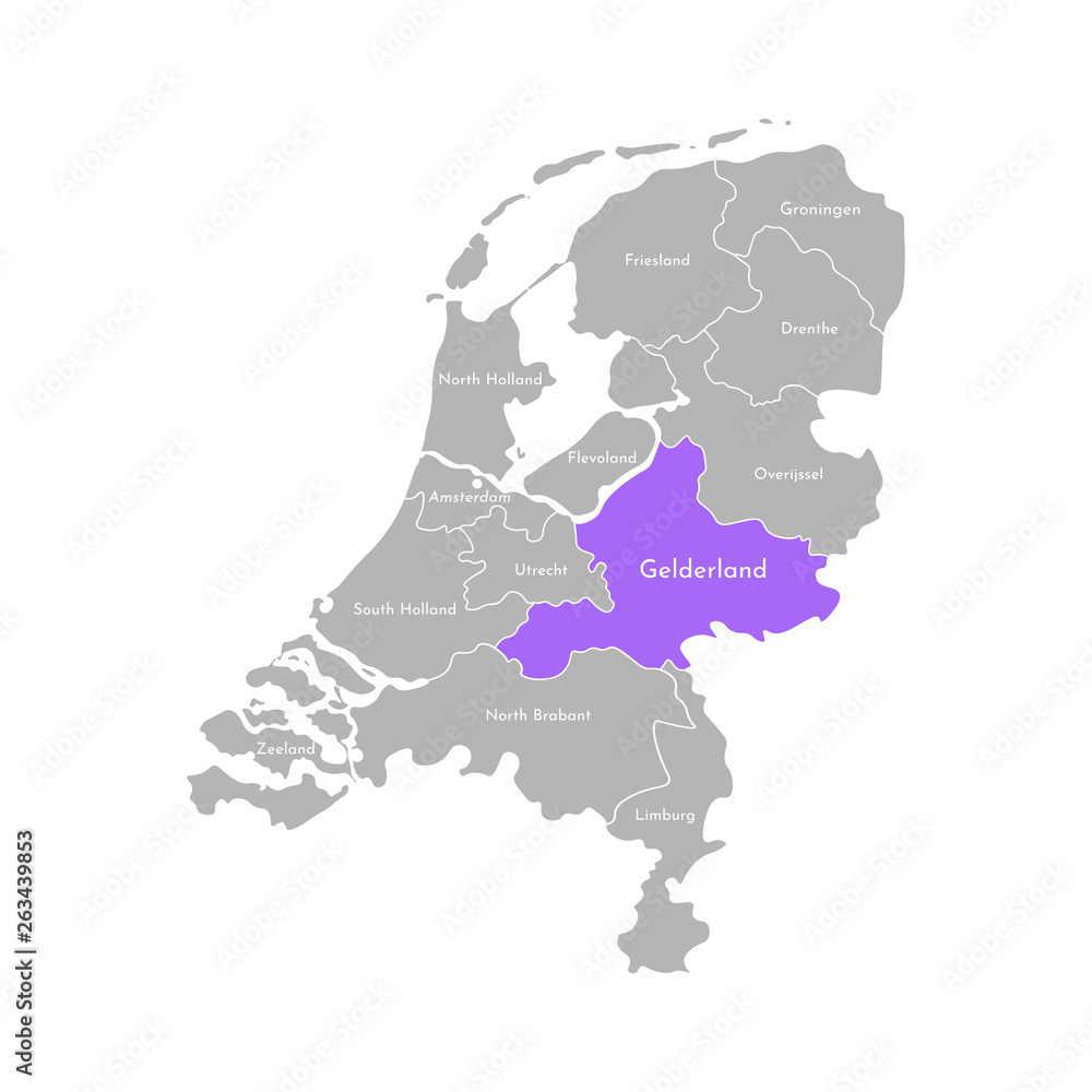 Vector isolated simplified illustration icon with grey silhouette of Netherlands' (Holland) provinces. Selected administrative division - Gelderland