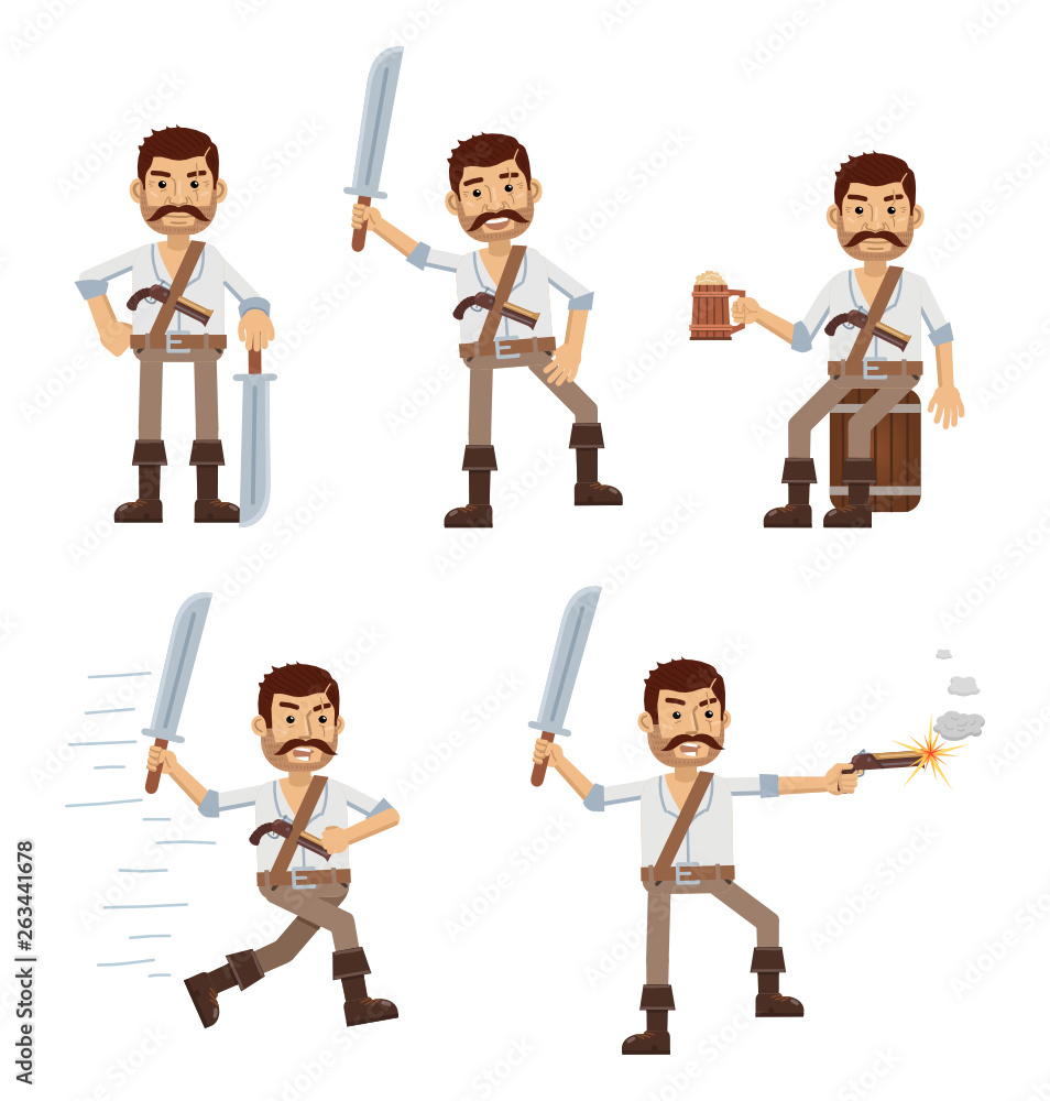 Set of pirate characters showing different actions. Cheerful pirate standing, celebrating, sitting on a barrel, running, shooting from a pistol. Flat style vector illustration Set of pirate characters showing different actions. Cheerful pirate standing, celebrating, sitting on a barrel, running, shooting from a pistol. Flat style vector illustration