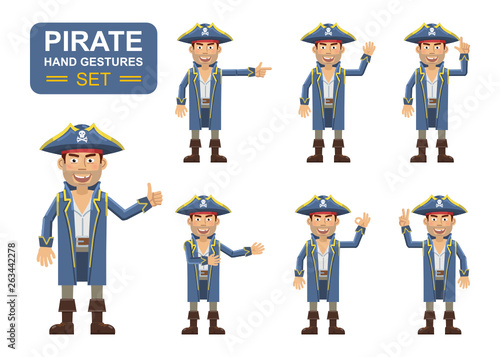 Set of pirate captain characters showing different hand gestures. Cheerful pirate showing thumb up gesture, greeting, waving, this way, pointing, victory hand. Flat style vector illustration