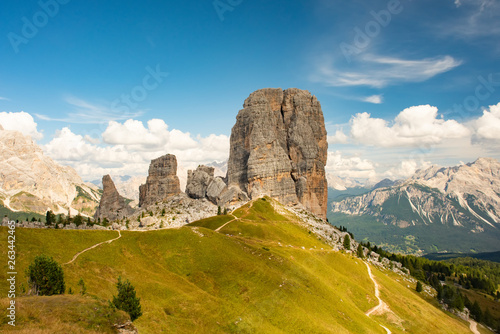 Summer mountain alpine meadow landscape. Cinque Torri, Dolomites Alps, Italy