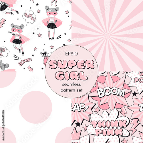 Supergirl themed seamless vector pattern set. Conversational print with little cute girl hero characters. Pop art comic fight supergirl power text bubbles. Retro sun ray background. Abstract dotty