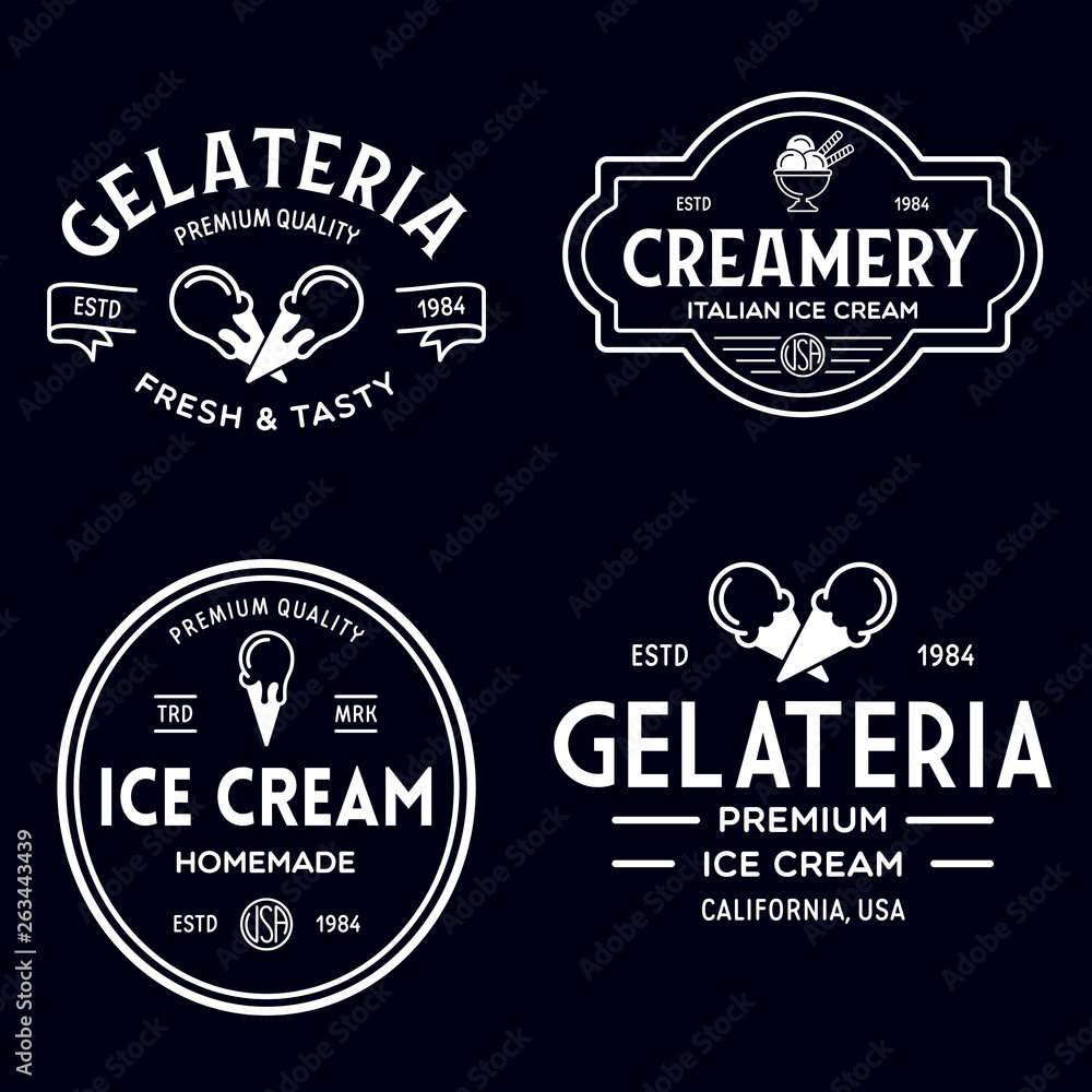 Set of vintage ice cream shop logo badges and labels, gelateria signs. Retro logotypes for cafeteria or bar.