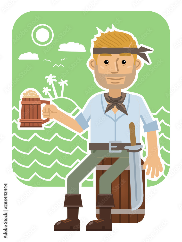 Illustration of a cheerful pirate isolated on abstract background. Flat style vector illustration Illustration of a cheerful pirate isolated on abstract background. Flat style vector illustration