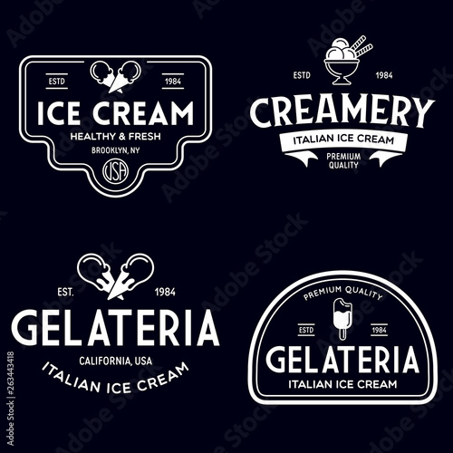 Set of vintage ice cream shop logo badges and labels, gelateria signs. Retro logotypes for cafeteria or bar.