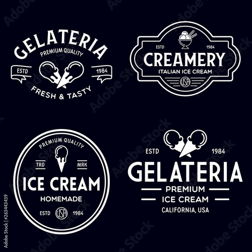 Set of vintage ice cream shop logo badges and labels, gelateria signs. Retro logotypes for cafeteria or bar.