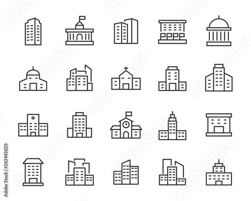 set of building icons, such as city, apartment, condominium, town