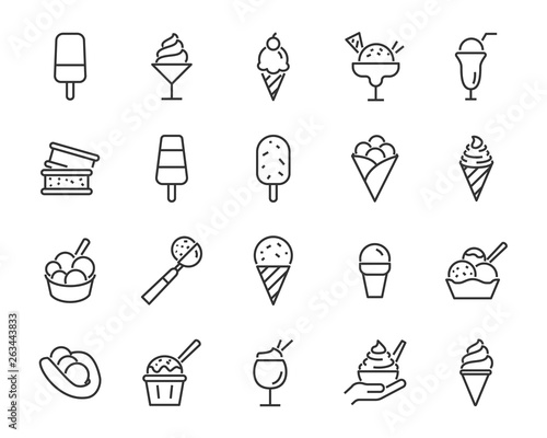 set of ice cream icons, such as  parfait, frozen yogurt, ice cream sundae, vanilla, chocolate