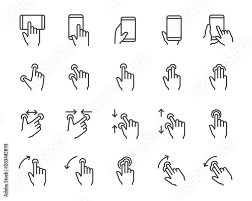 set of hand touchscreen gesture icons, such as hand, app, phone, tap, touch