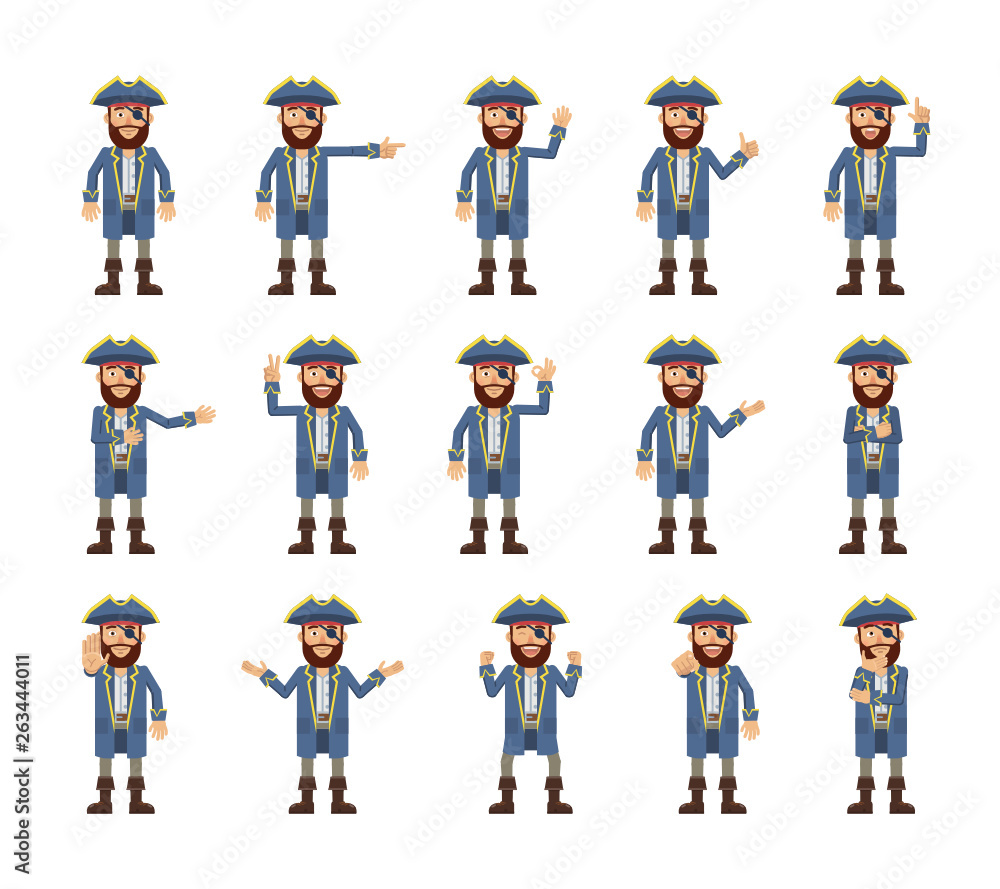 Big set of pirate captain characters showing different hand gestures. Cheerful pirate showing victory sign, thumb up, pointing, greeting, waving and other hand gestures. Flat vector illustration Big set of pirate captain characters showing different hand gestures. Cheerful pirate showing victory sign, thumb up, pointing, greeting, waving and other hand gestures. Flat vector illustration