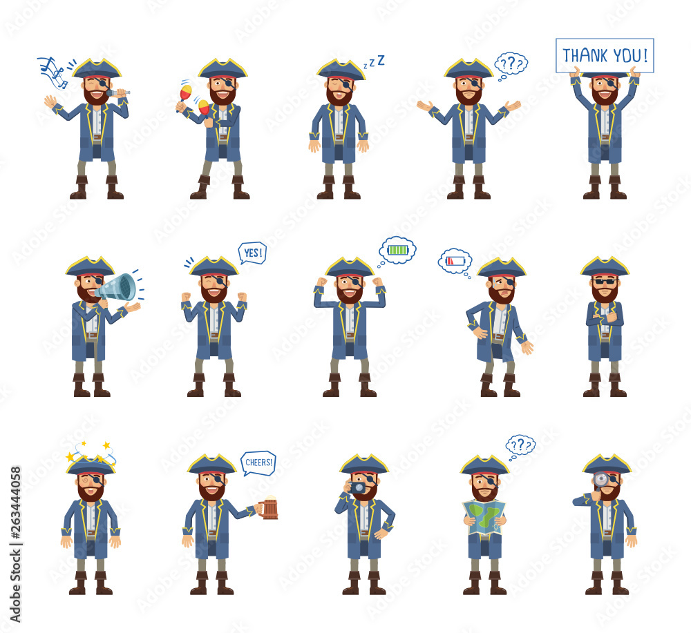 Set of pirate captain characters showing different actions. Cheerful pirate karaoke singing, dancing, sleeping, holding banner, loudspeaker, map and doing other actions. Flat vector illustration