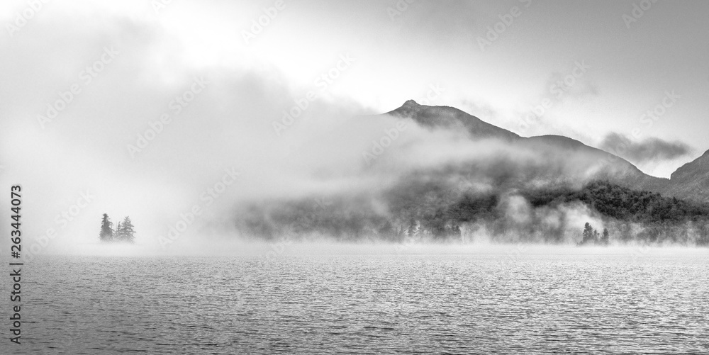 Adirondack mountain fog and lake black and white