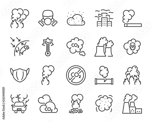 set of air pollution icons, such as dust, carbon, toxic, air filter