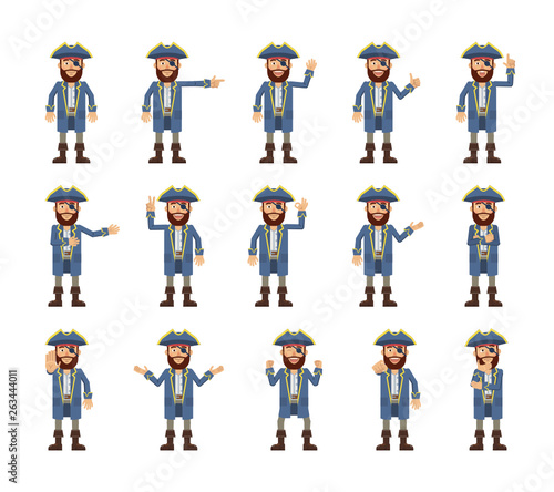 Big set of pirate captain characters showing different hand gestures. Cheerful pirate showing victory sign, thumb up, pointing, greeting, waving and other hand gestures. Flat vector illustration