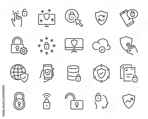 set of security icons, such as guard, cyber lock, unlock, shield, key