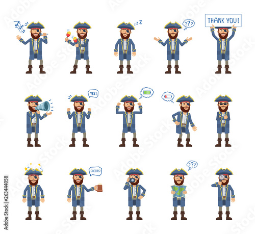 Set of pirate captain characters showing different actions. Cheerful pirate karaoke singing, dancing, sleeping, holding banner, loudspeaker, map and doing other actions. Flat vector illustration