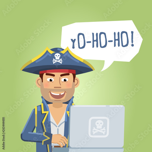 Illustration of a happy pirate with laptop. Modern internet piracy concept, hacker. Happy pirate celebrating successful hacking. Flat style vector illustration