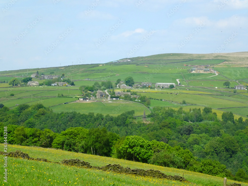west yorkshire dales scenery with farmhouses perched on high hills with typical walled fields and midgley moor in the distance with blue sunlit summer sky with farmhouses in the pecket well area