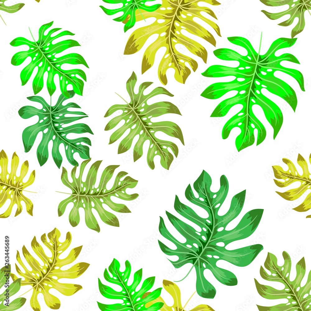 Tropical seamless pattern with exotic palm leaves. Vector illustration.