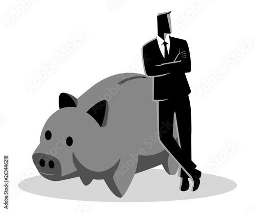 Banker leaning on giant piggy bank