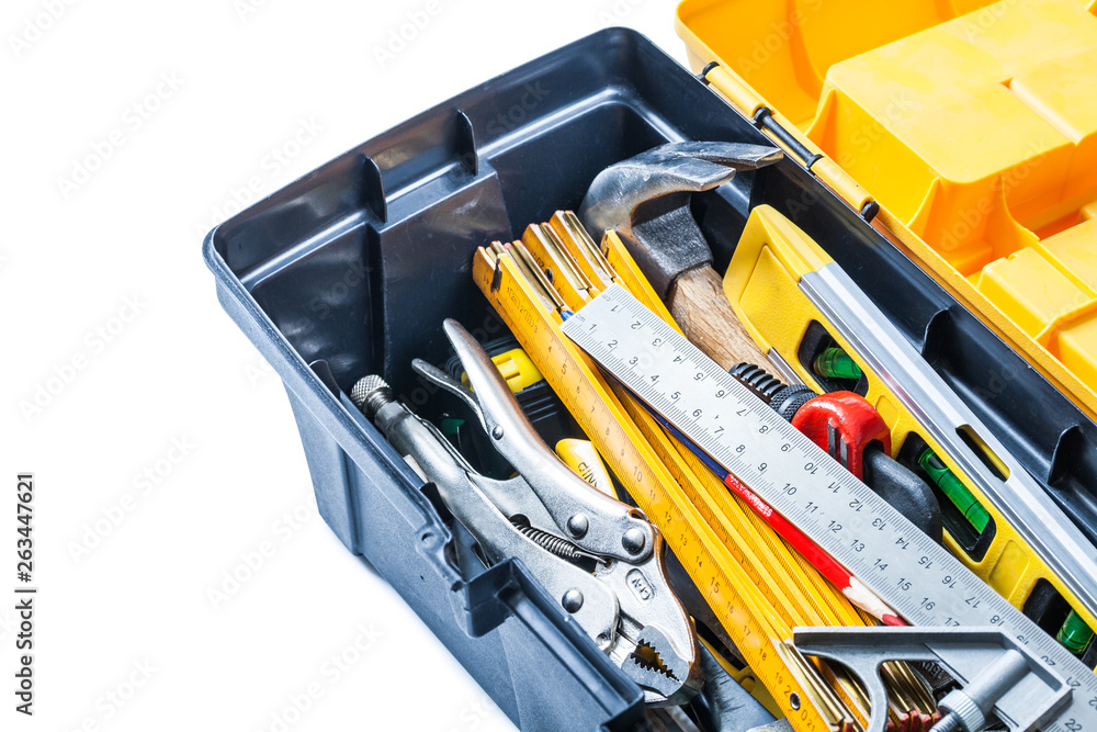close up view tools in toolbox isolated close up view tools in toolbox isolated
