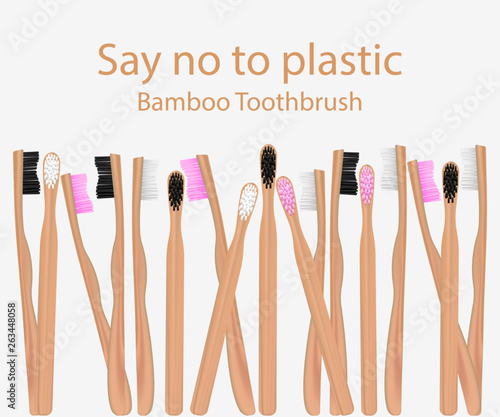 Collection of bamboo toothbrushes. Say no to plastic goods. Zero waste. Vector illustration