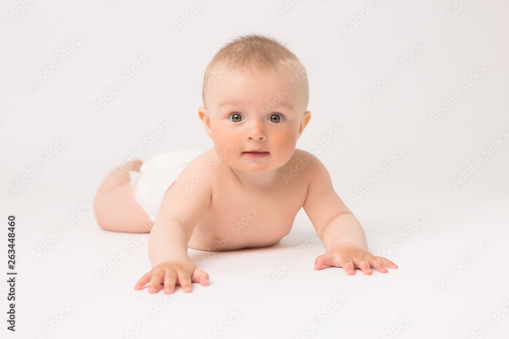 baby boy in diapers on white background, baby 5 months baby boy in diapers on white background, baby 5 months