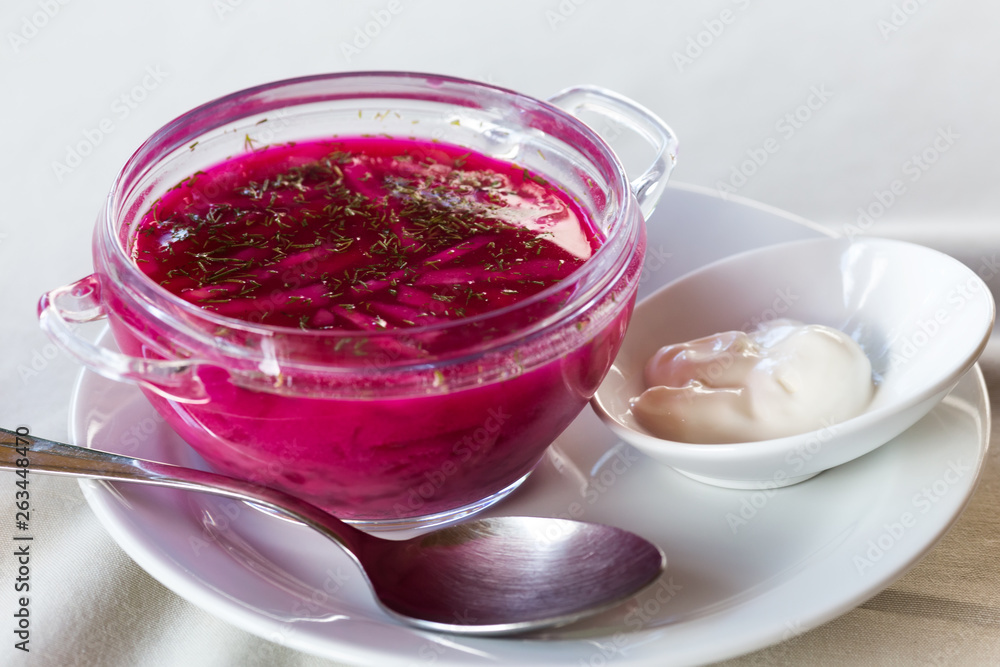 Traditional ukrainian beetroot soup with sour cream Traditional ukrainian beetroot soup with sour cream