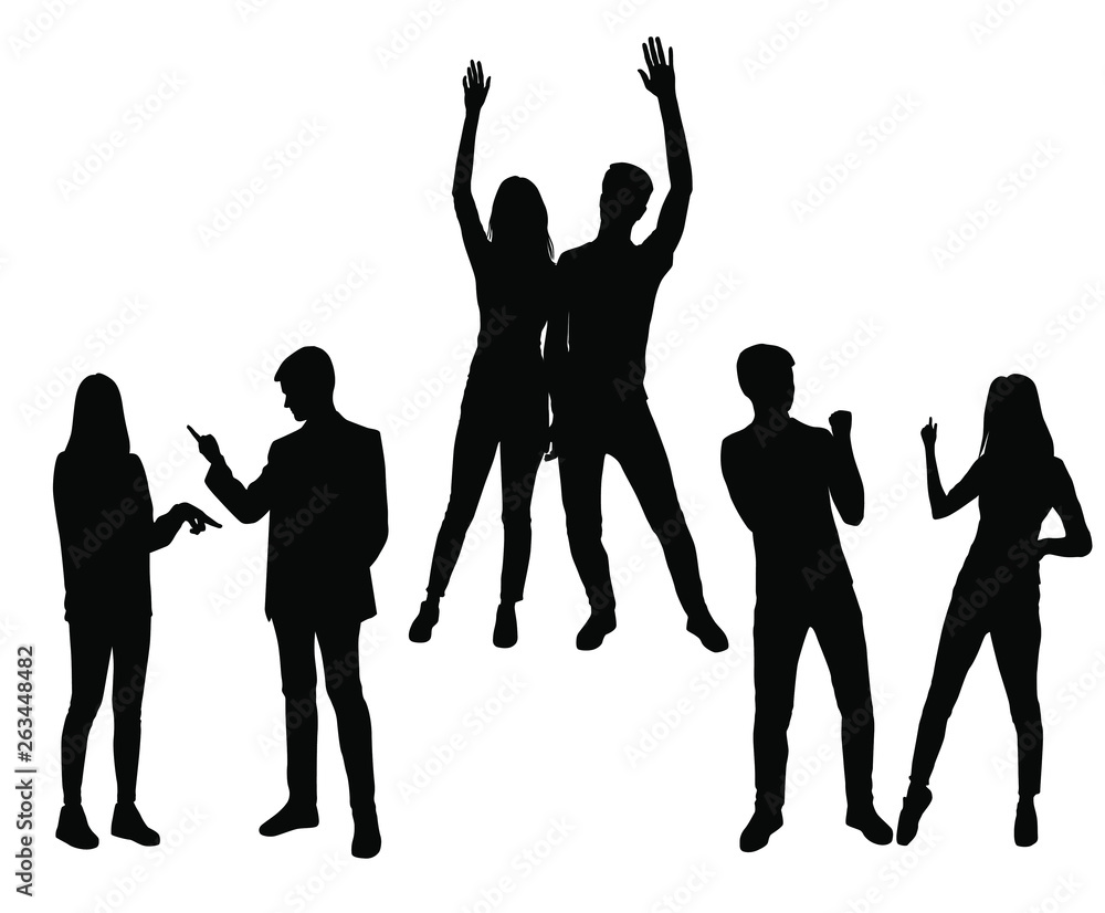 Vector silhouettes men and women standing , profile, hands up, different poses, couple,  business,  people, group,  black color, isolated on white background