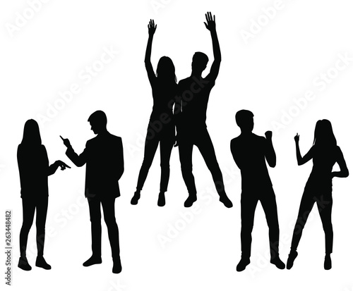 Vector silhouettes men and women standing , profile, hands up, different poses, couple, business, people, group, black color, isolated on white background