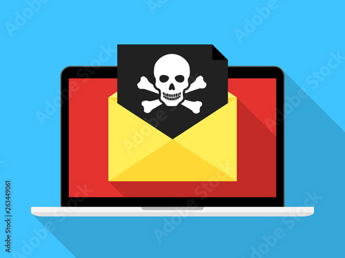 Laptop and envelope with black document and skull icon. Virus, malware, email fraud, e-mail spam, phishing scam, hacker attack concept. Trendy flat design graphic with long shadow. Vector illustration