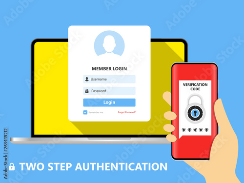 Two step authentication vector illustration, flat cartoon smartphone and computer safety login or signin, two steps verification via mobile phone and pc