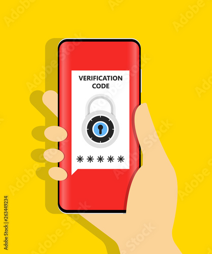 Hand holds smartphone. Receiving sms verification code to access website or web service. Two-factor user authentication. Vector