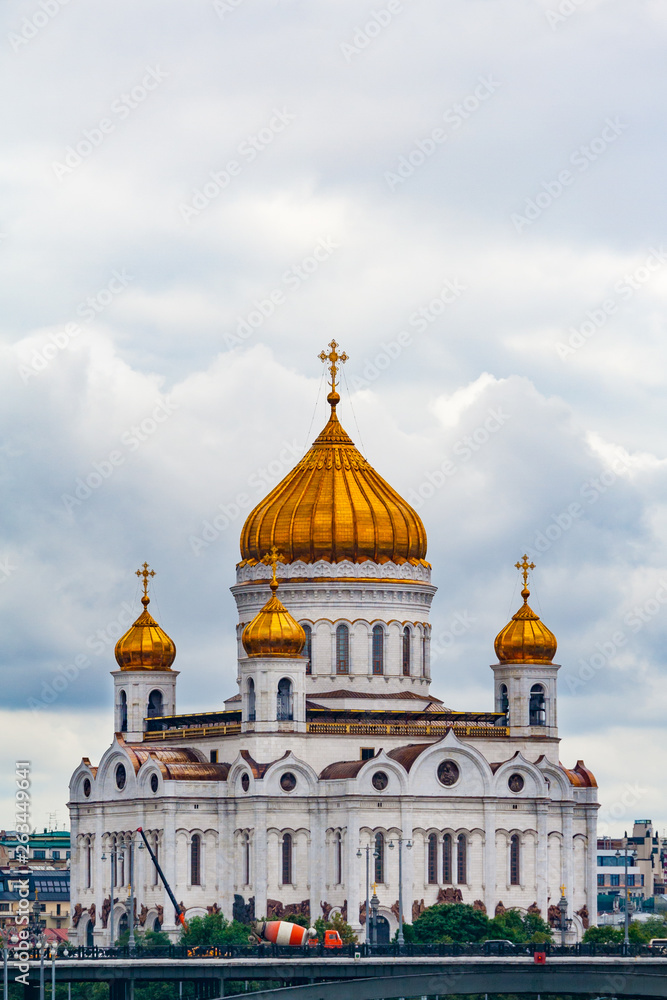 Cathedral of Christ the Saviour in Moscow (Russia) on a background of overcast sky (vertical image orientation)