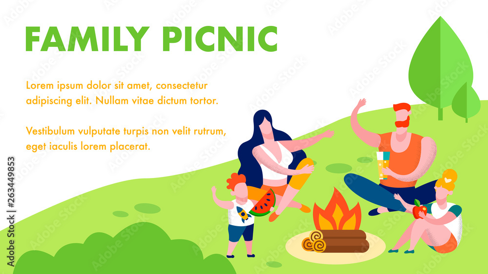 Fototapeta premium Family Picnic Summer Recreation Flat Landing Page
