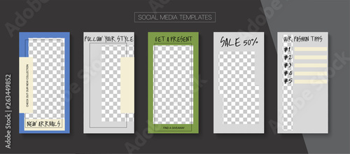 Editable Stories Minimal Vector Layout. Social Media Like and Share, Trends, Sale -50 Photo Frames Kit. Sale Insta Stories Layout